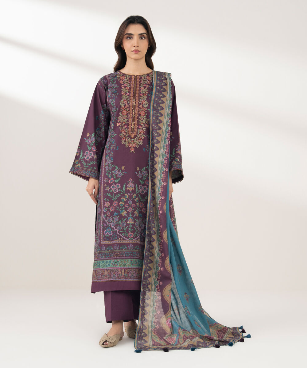 Women's Unstitched Lawn Printed Purple 3 Piece Suit
