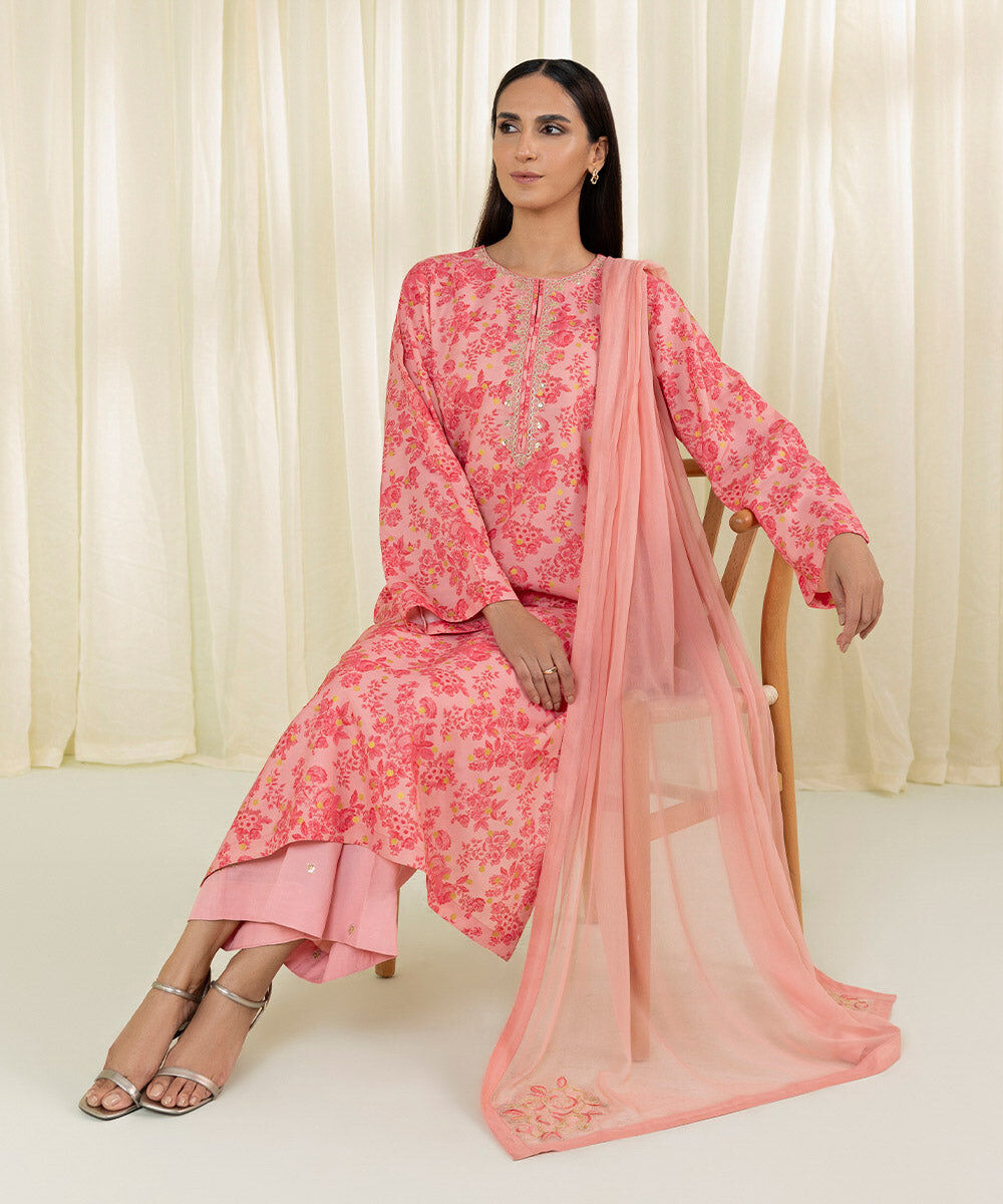 Women Pink Viscose Raw Silk 3 PC Embroidered Suit