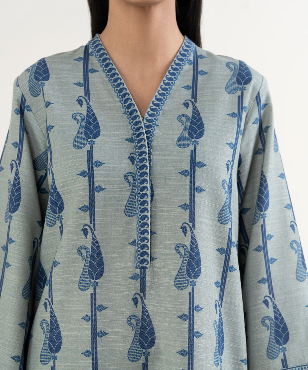 Women's Unstitched Printed Cotton Grey and Blue 3 Piece Suit