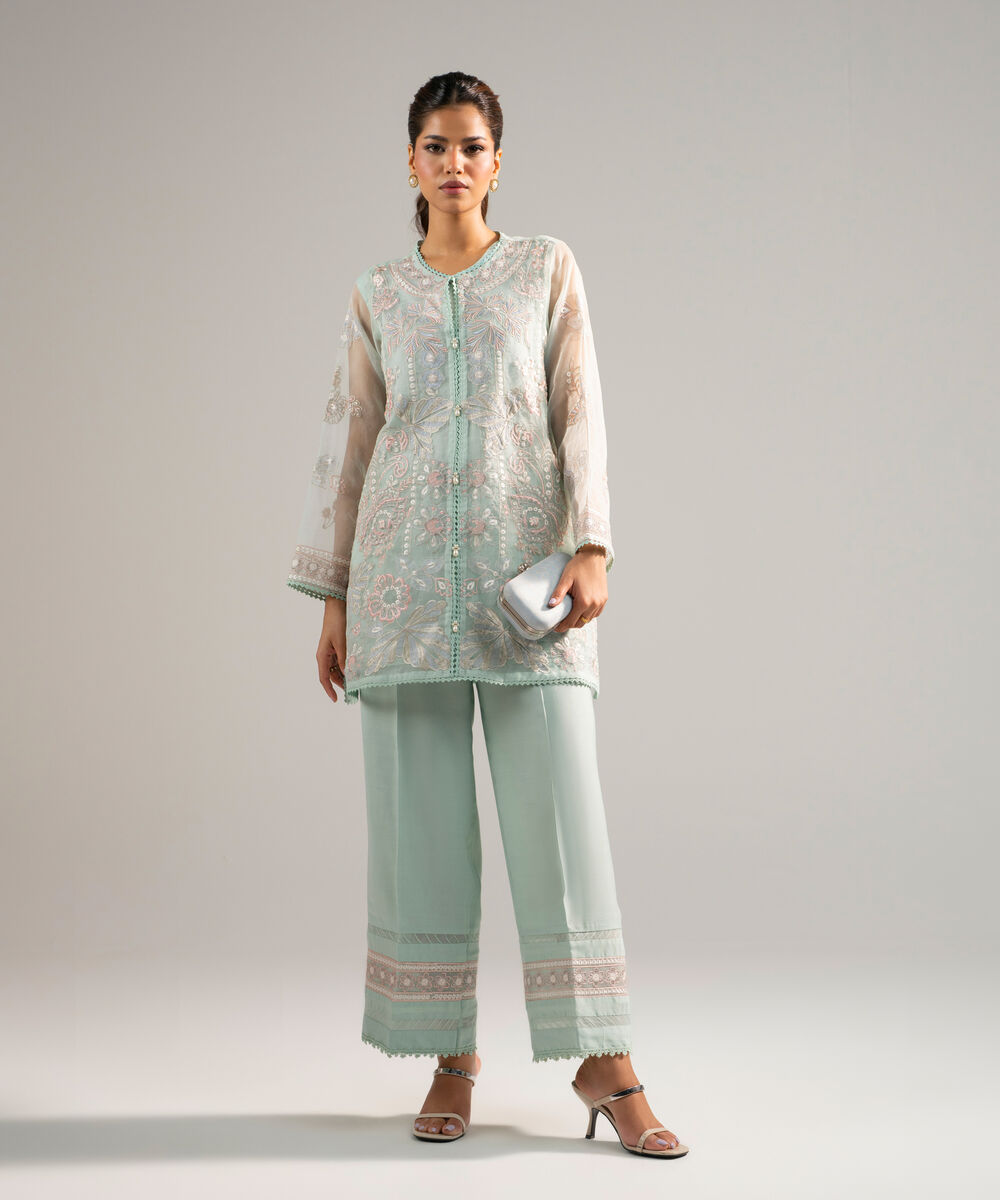 Women's RTW Organza Embroidered Green 2 Piece Suit
