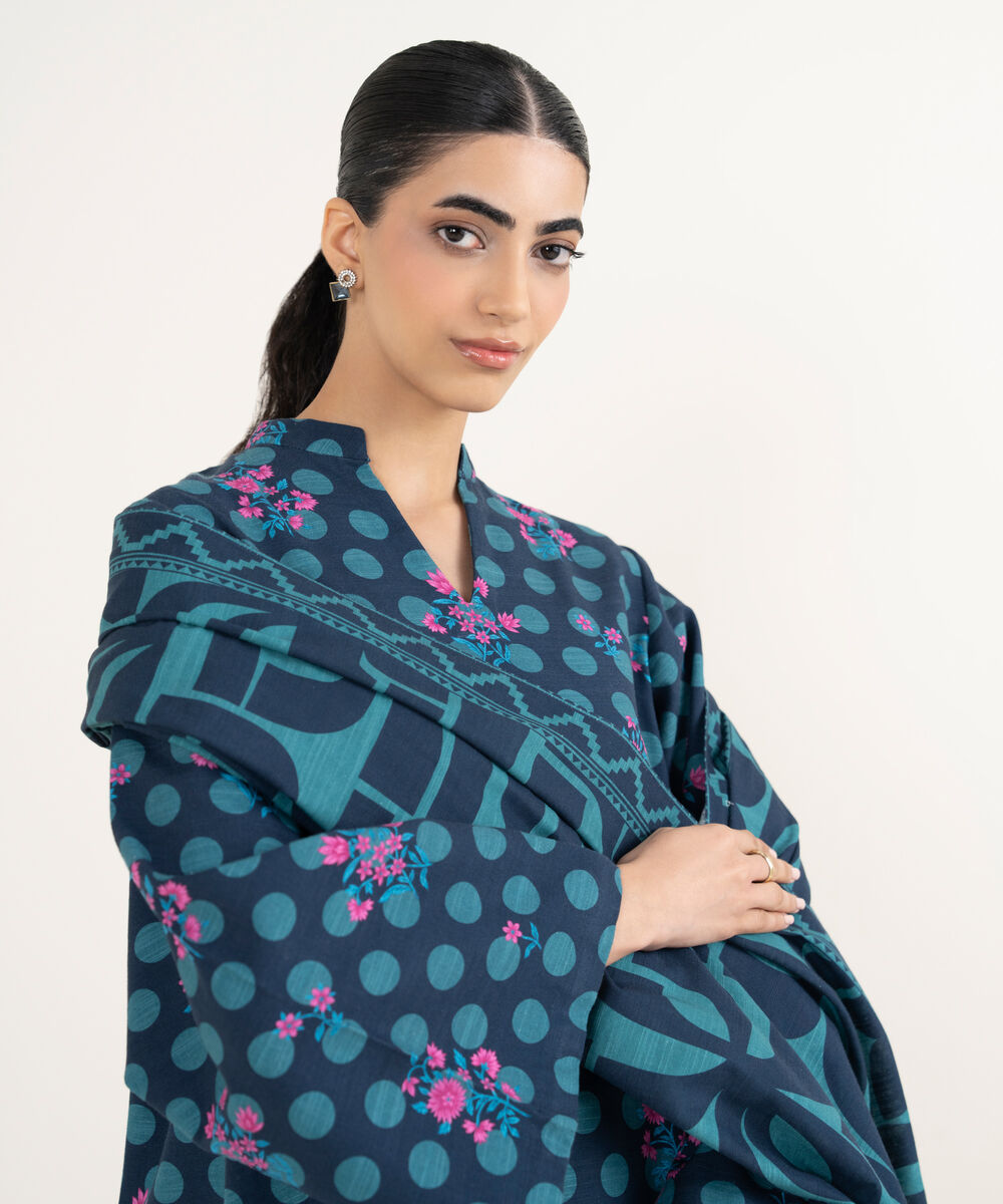 Women's Unstitched Printed Khaddar Mid Night Blue and Teal 3 Piece Suit