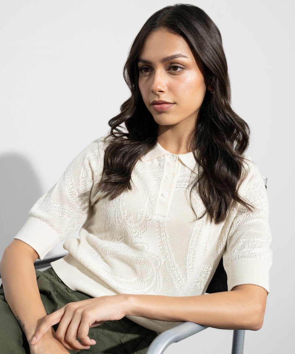 Women's Western Offwhite Pointelle Summer Knit Polo Top