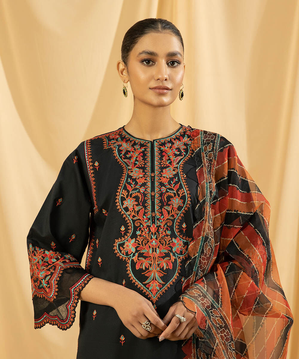 Women's Unstitched Raw Silk  Embroidered Black  3 Piece Suit