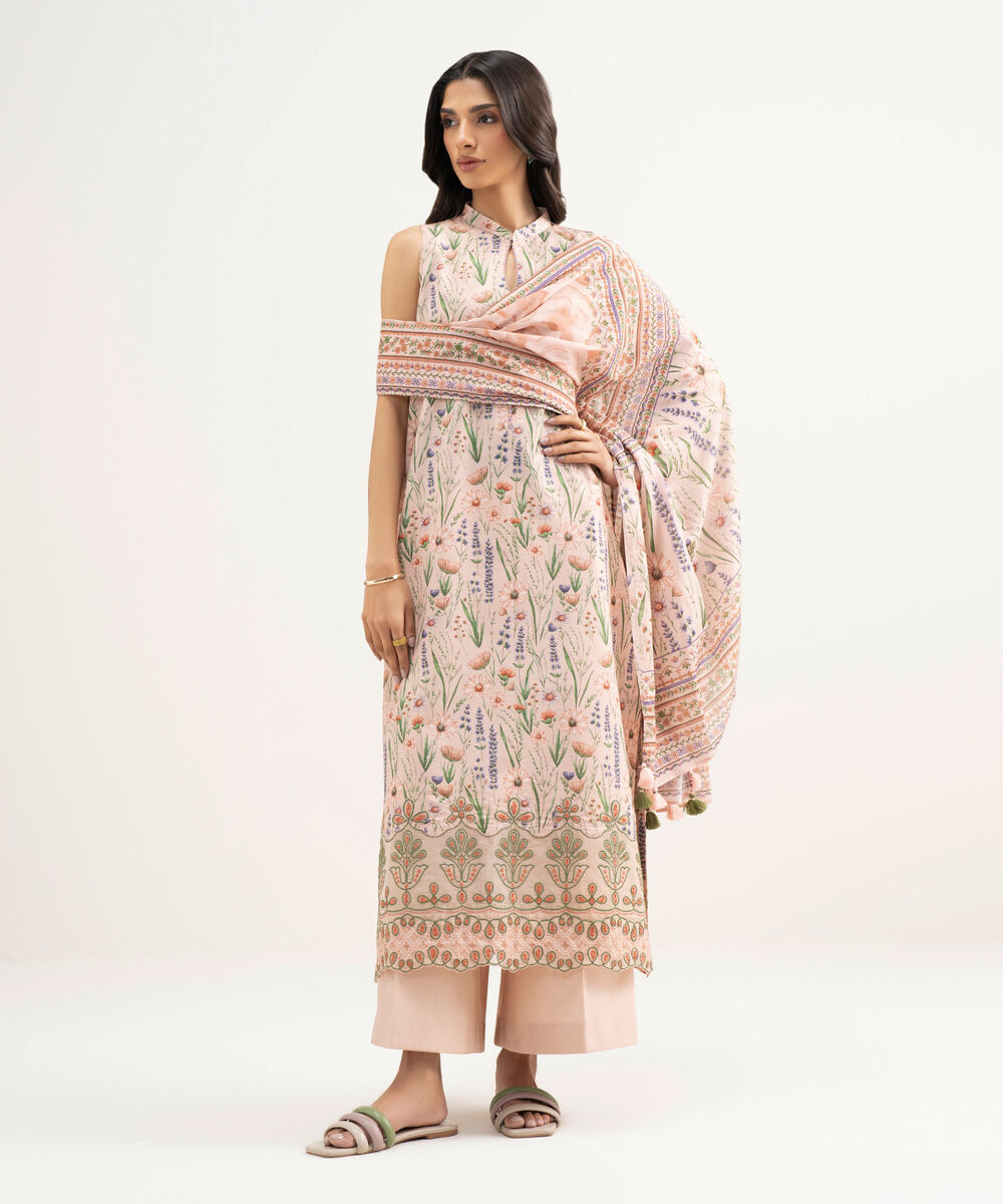 Women's Unstitched Zari Lawn Embroidered Pink 3 Piece Suit