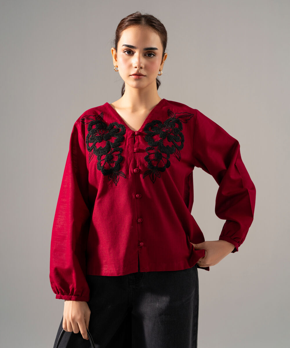 Women's RTW Khaddar Solid Embroidered Maroon Straight Shirt