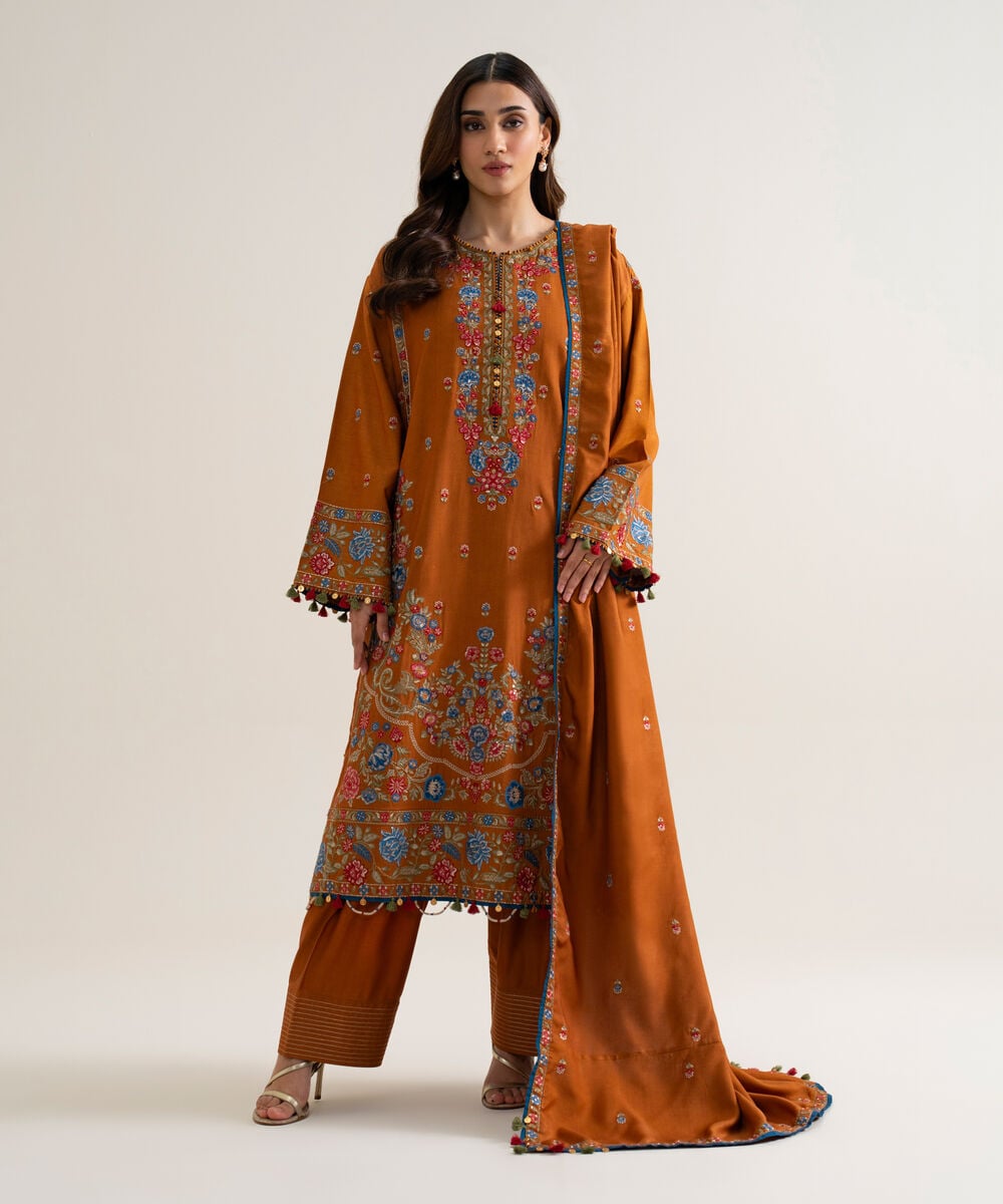 Womens Unstitched Cotton Twill Embroidered Burnt Orange 3 Piece Suit