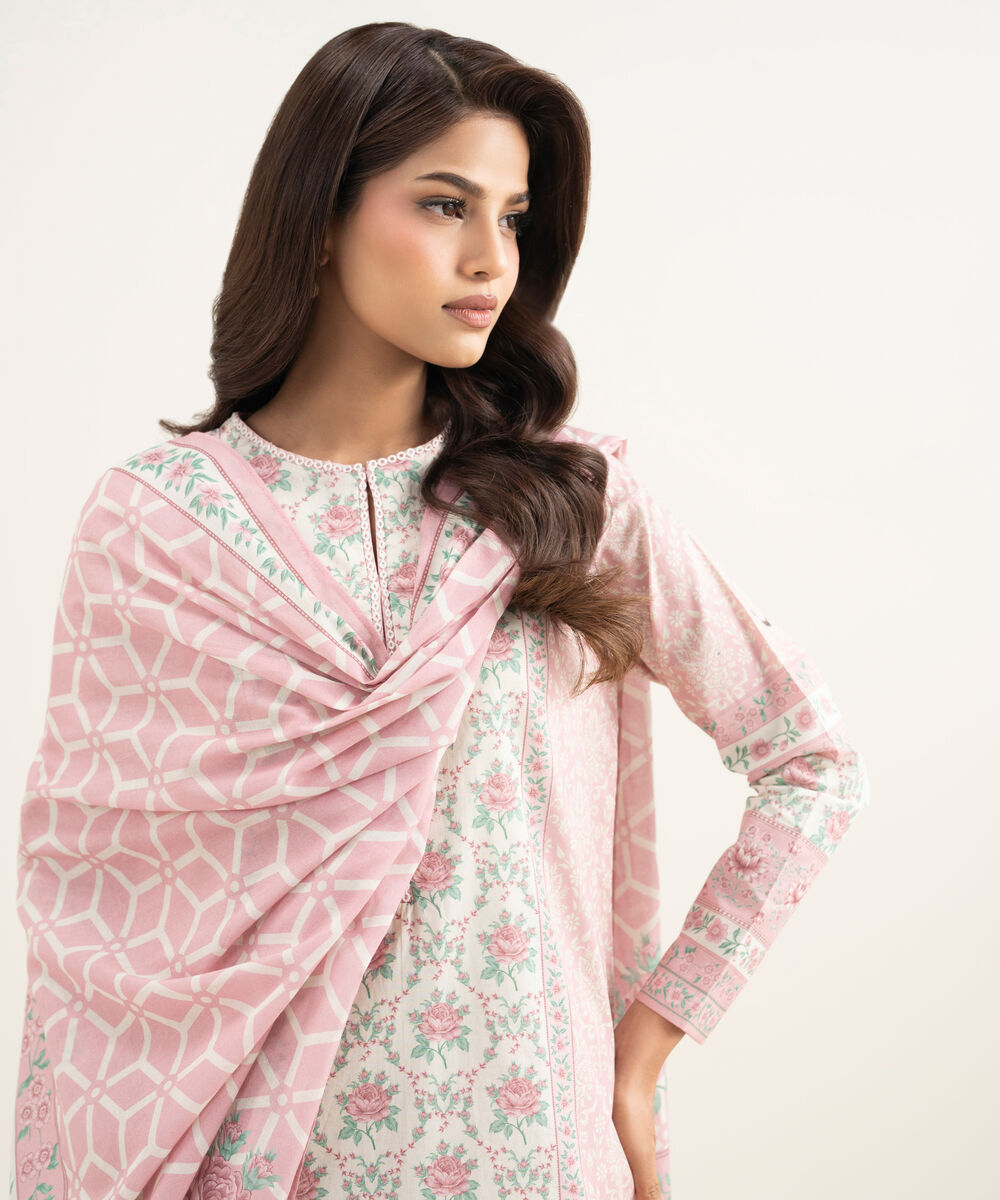 Women's Unstitched Lawn Printed Pink 3 Piece Suit