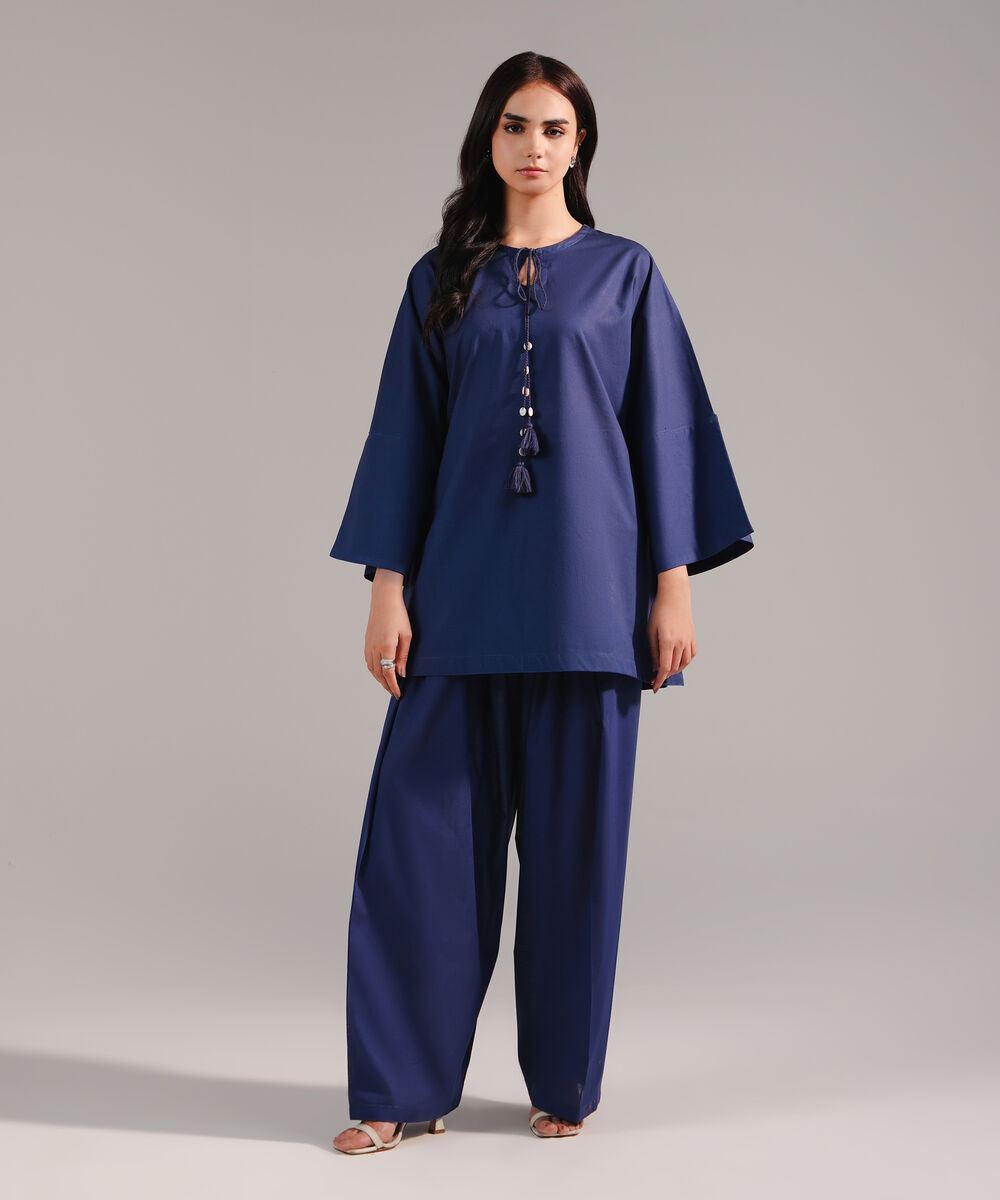 Women's RTW Crosshatch Solid Dark Blue Drop Shoulder Shirt