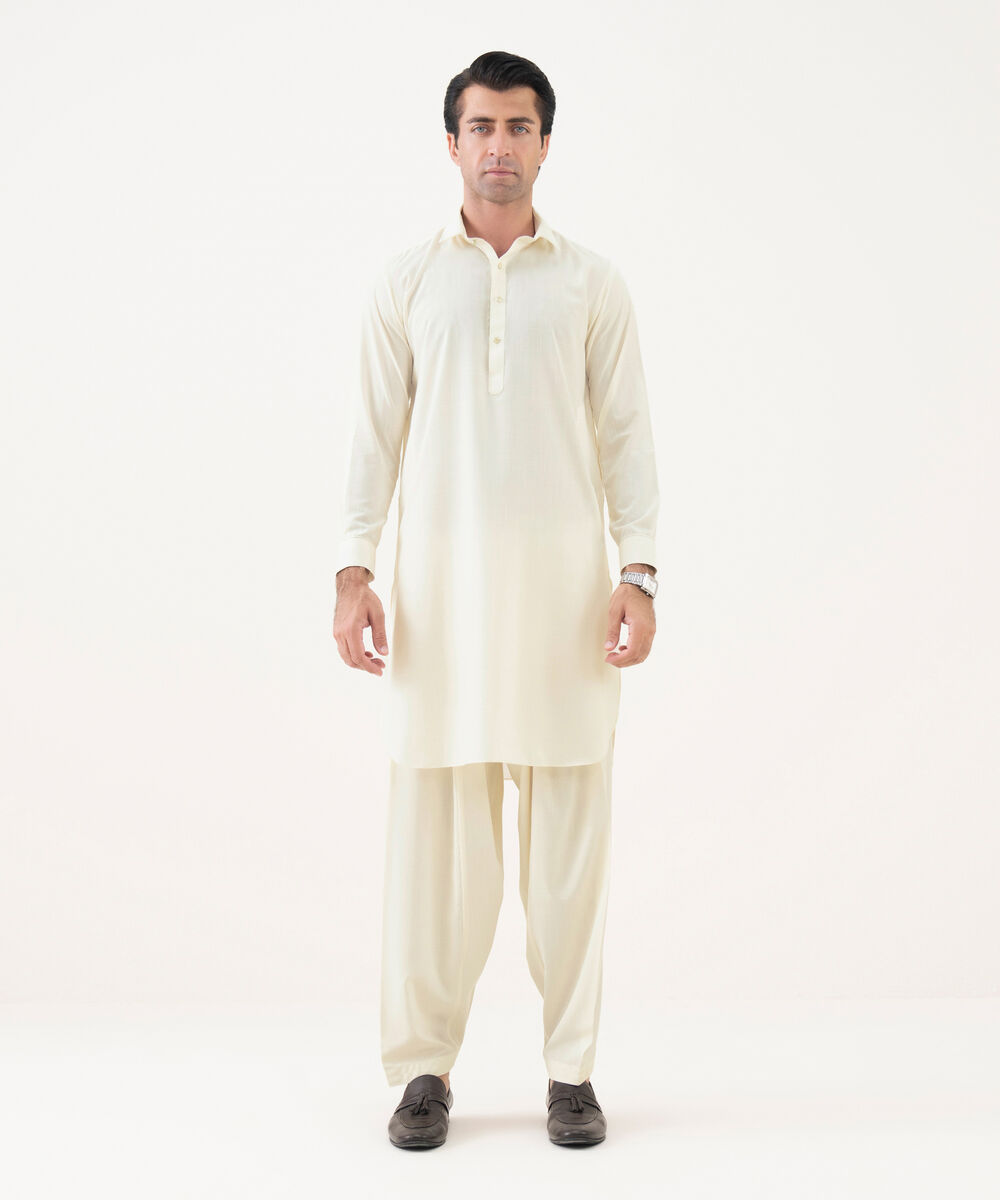 Men's Viscose Plain Off-White Kameez Shalwar