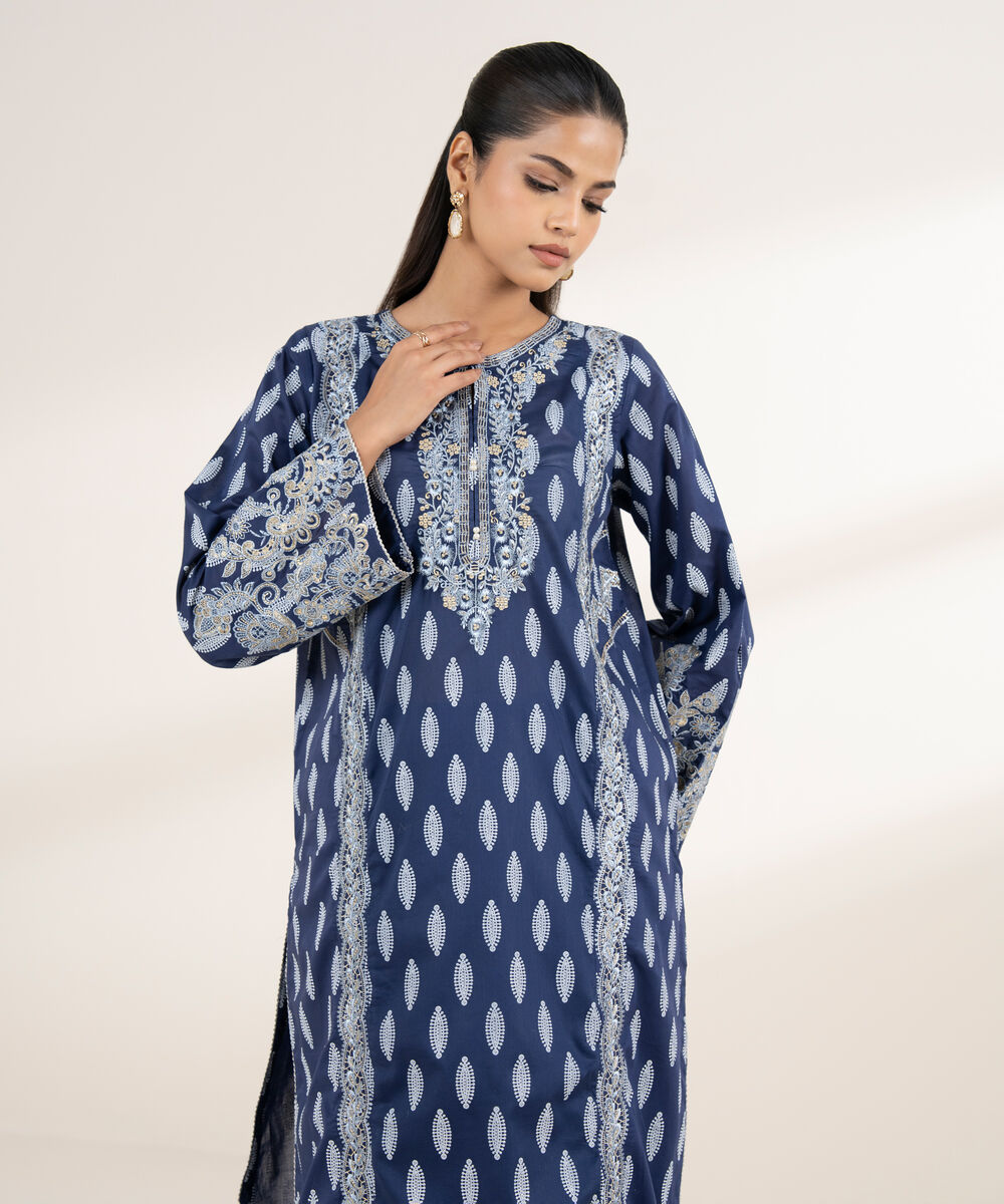 Women's RTW Lawn Blue Embroidered A-Line Shirt