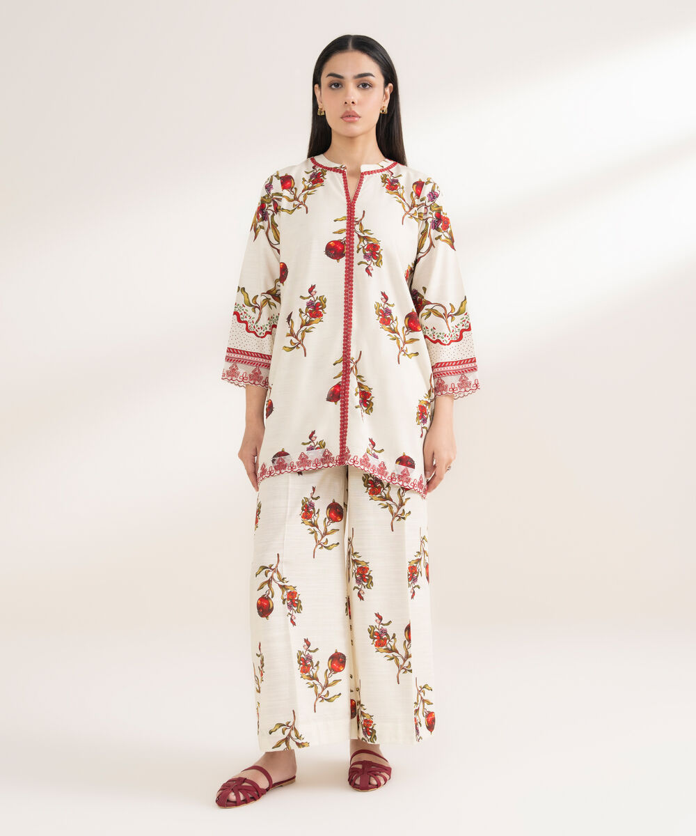 Women's RTW Arabic Khaddar Embroidered Straight Off White Shirt