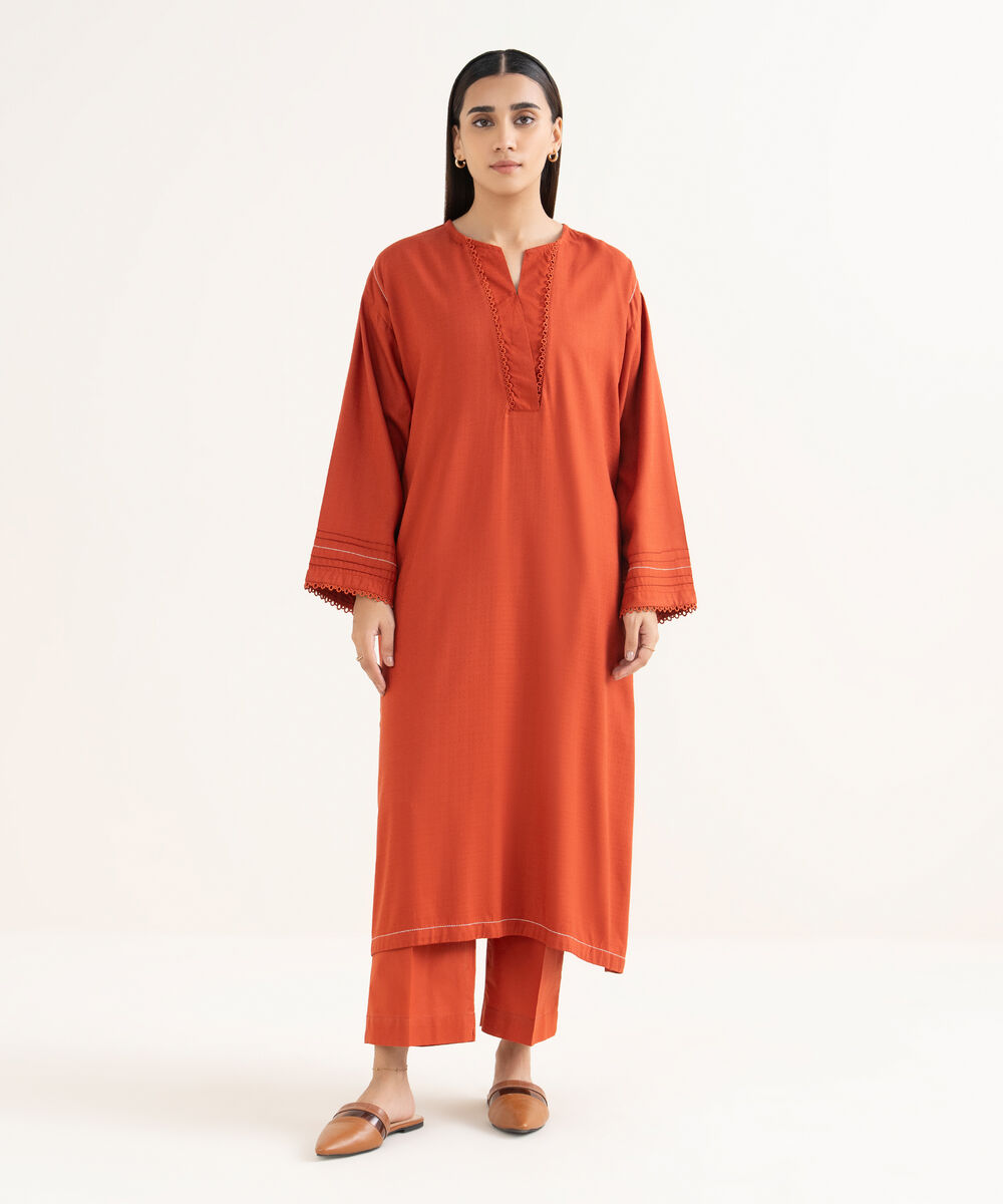 Women's RTW Textured Arabic Orange Solid Drop Shoulder Shirt