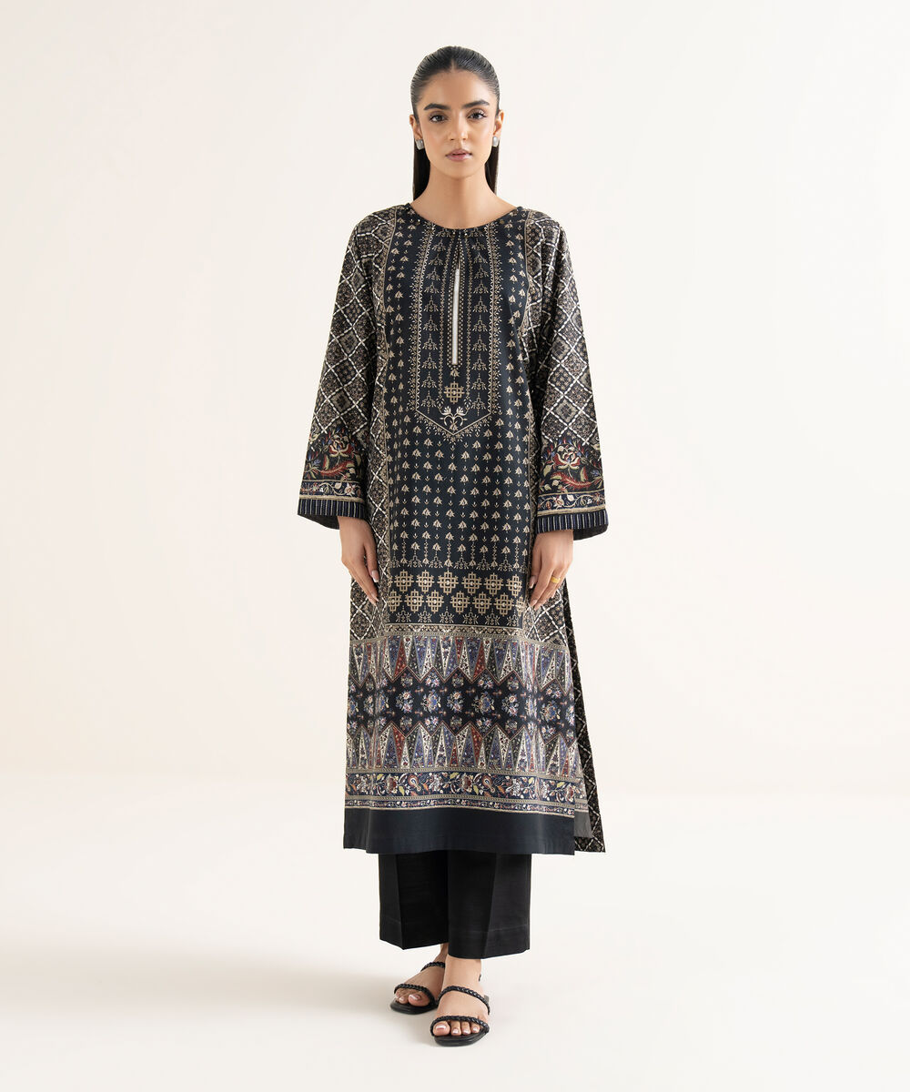 Women's RTW Cambric Printed A-Line Black Shirt