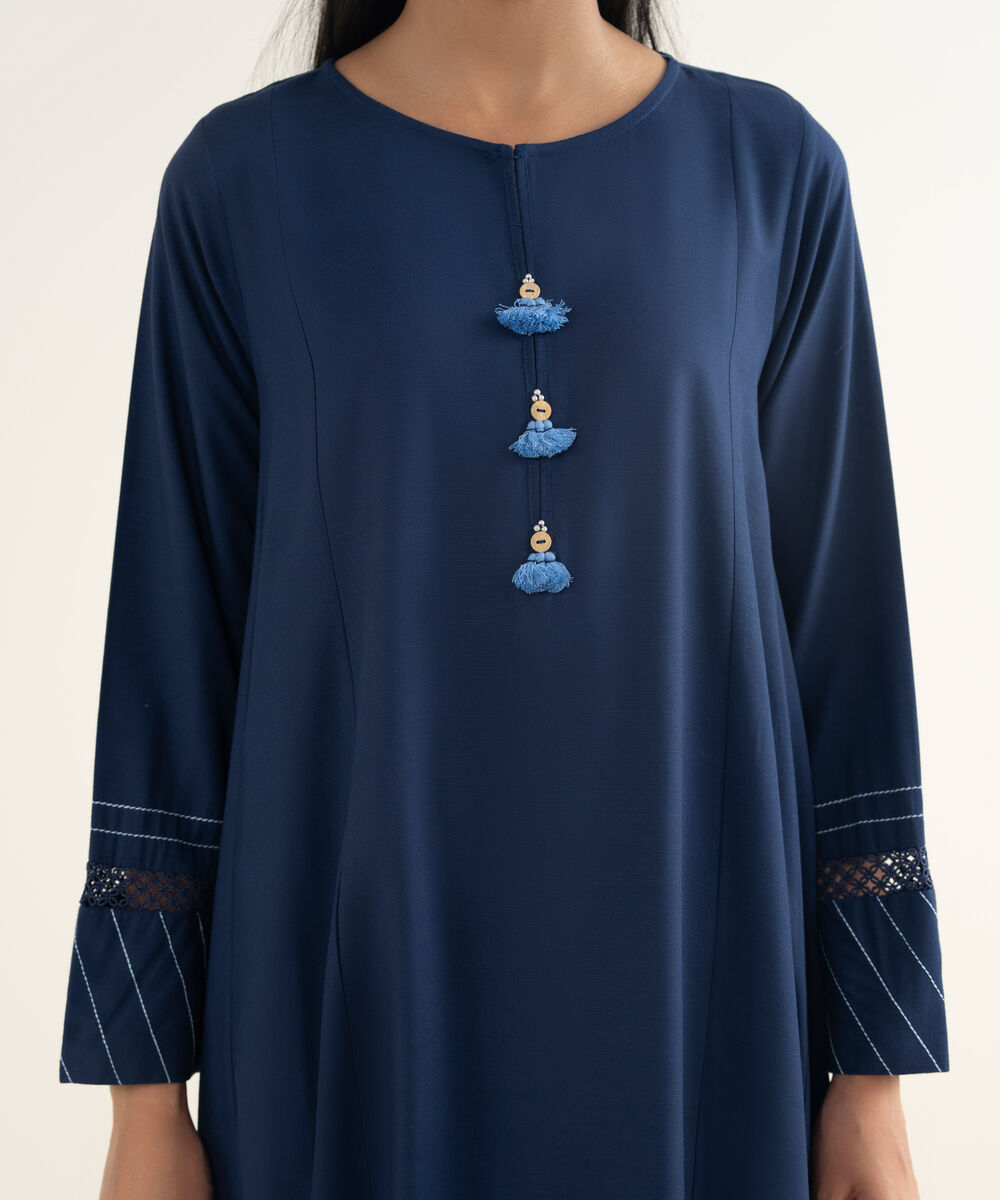 Women's RTW Khaddar Solid Blue A-Line Shirt