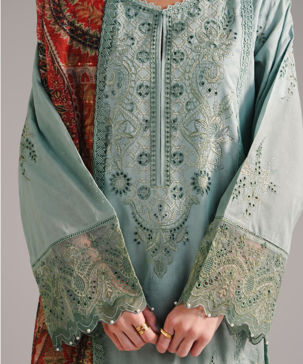 Women's RTW Self Jacquard Embroidered Seafoam Green 3 Piece Suit