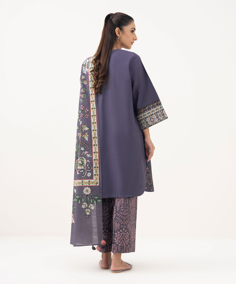Women's Unstitched Khaddar Embroidered Purple 3 Piece Suit