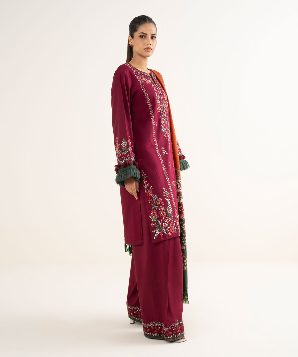 Women's Unstitched Twill Embroidered Red 3 Piece Suit
