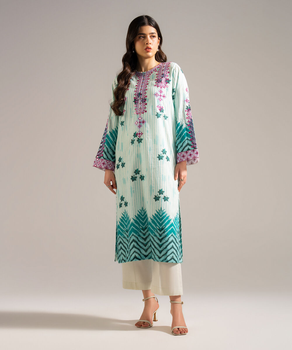 Women's RTW Dobby Embroidered Green Straight Shirt