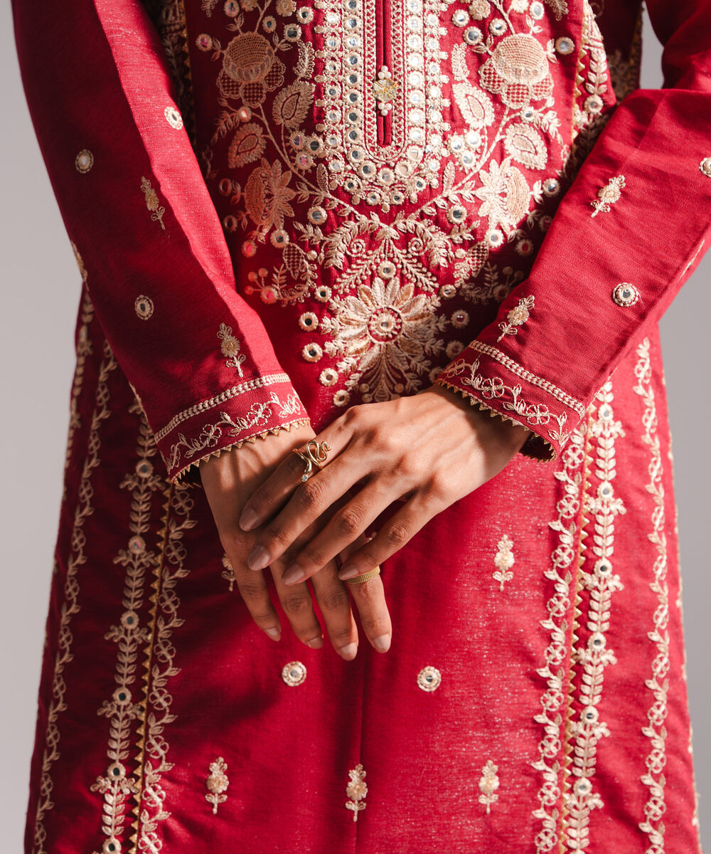 Women's RTW Fancy Cotton Embroidered Maroon 3 Piece Suit
