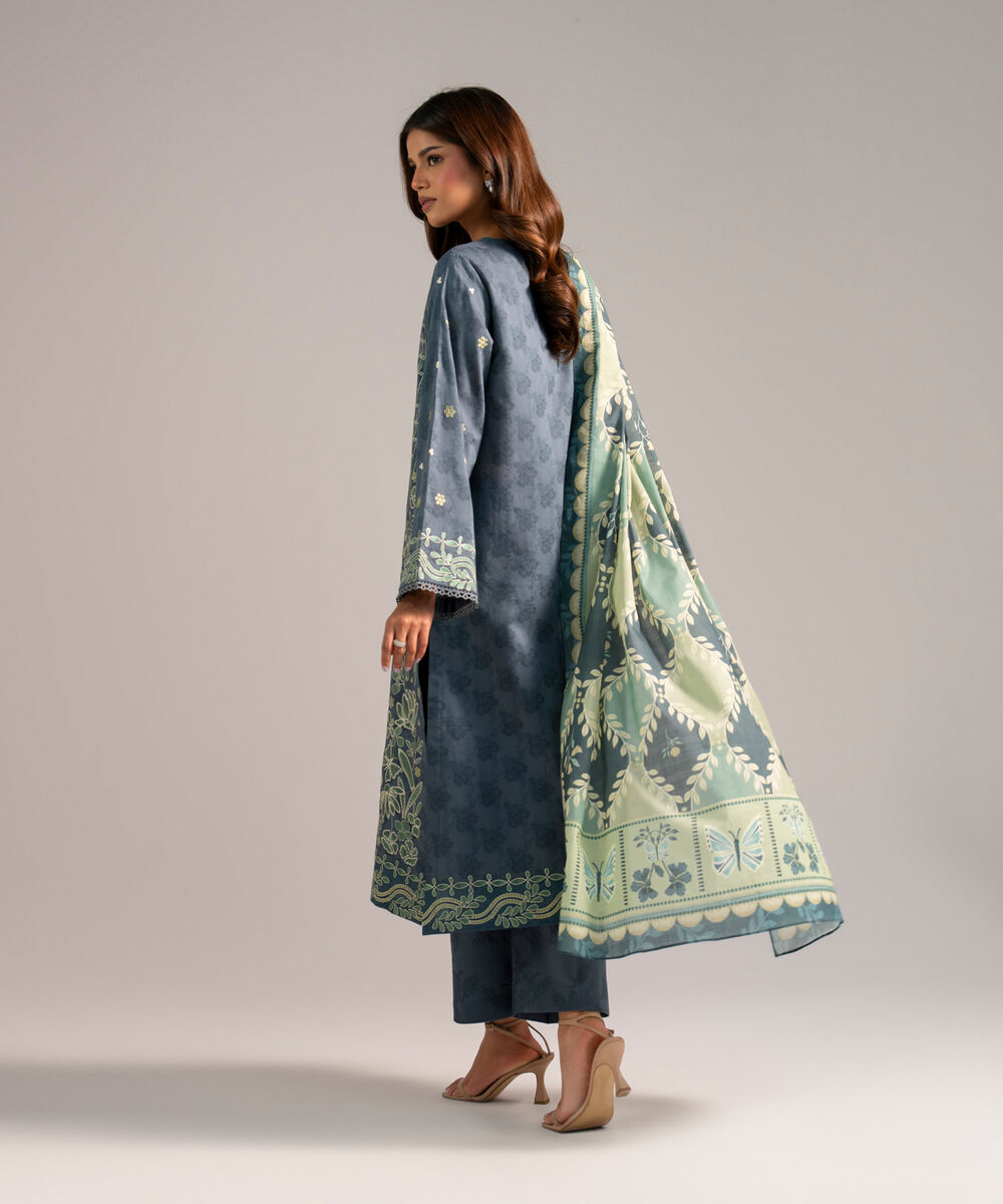 Women's RTW Self Jacquard Embroidered Steel Blue 3 Piece Suit