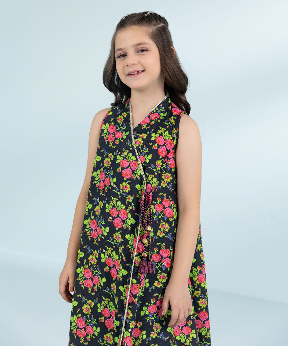 Girls 2 Piece Printed Viscose Raw Silk Suit in Black