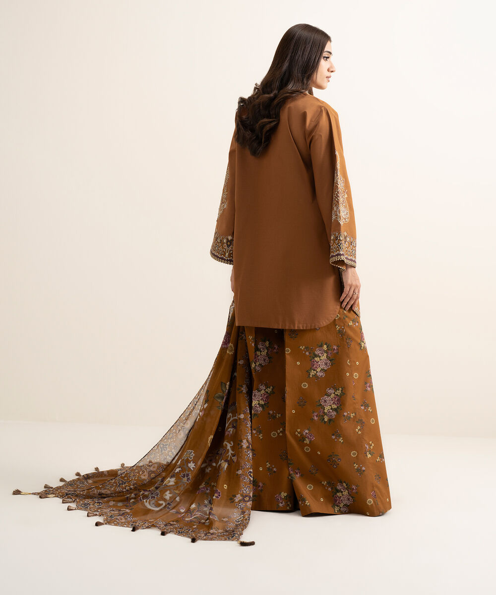Women's Unstitched Textured Lawn Embroidered Brown 3 Piece Suit