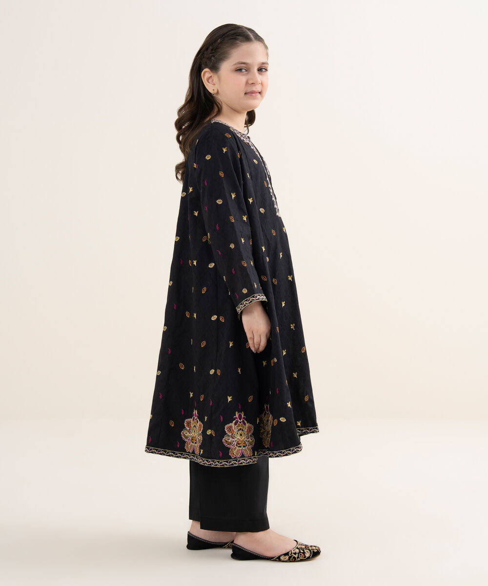 Girl's Self Jacquard Embroidered Black 2 Piece Suit