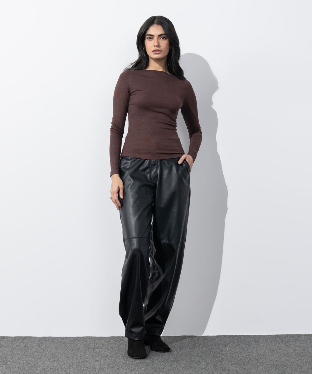 Women's Western Wear Black Faux Leather Barrel-Fit Trousers