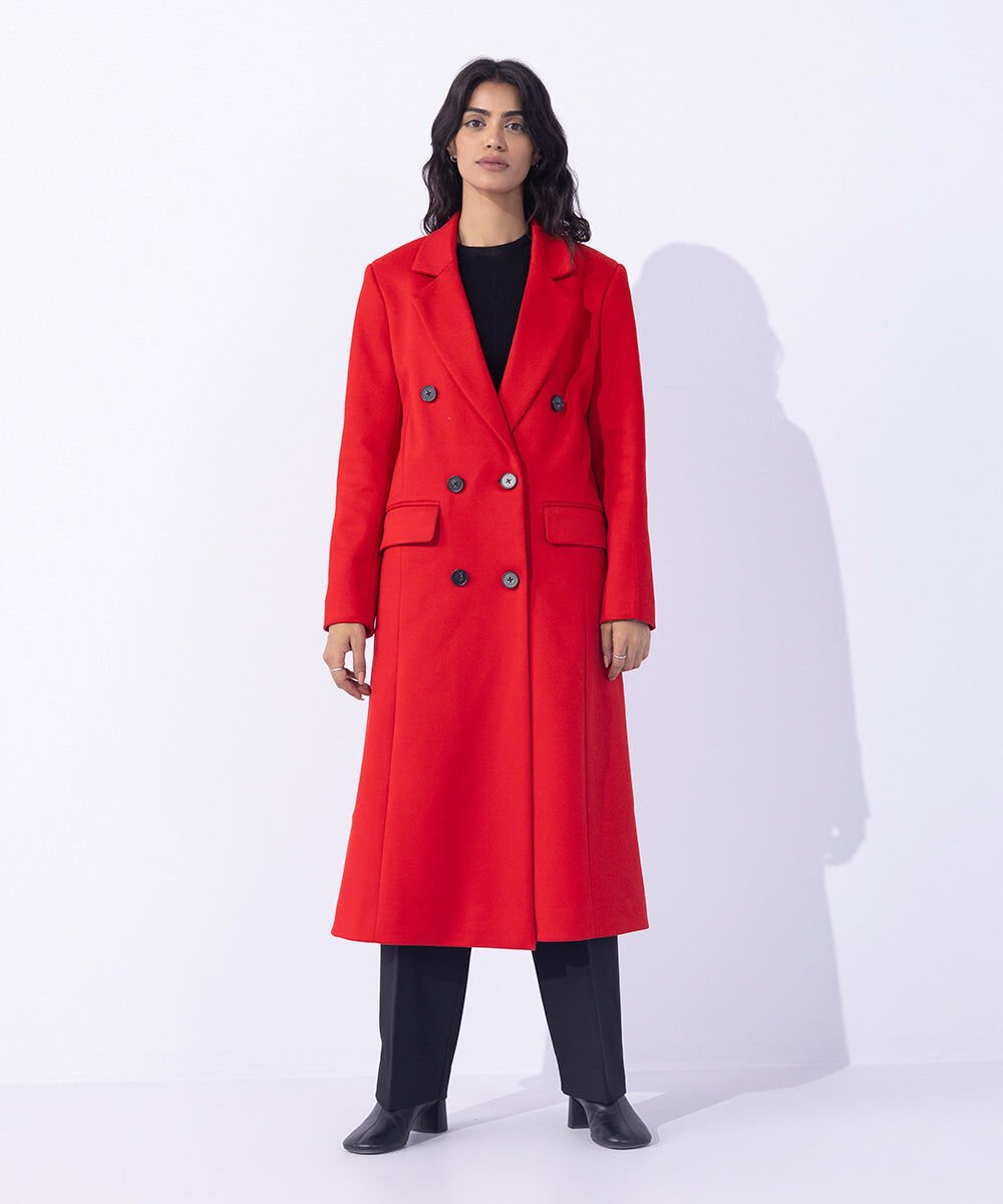 Woman - Red Double Breasted Long Coat