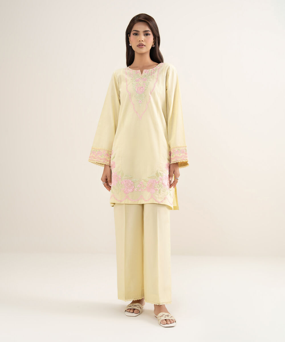 Women's RTW Self Jacquard Embroidered Yellow Straight Shirt