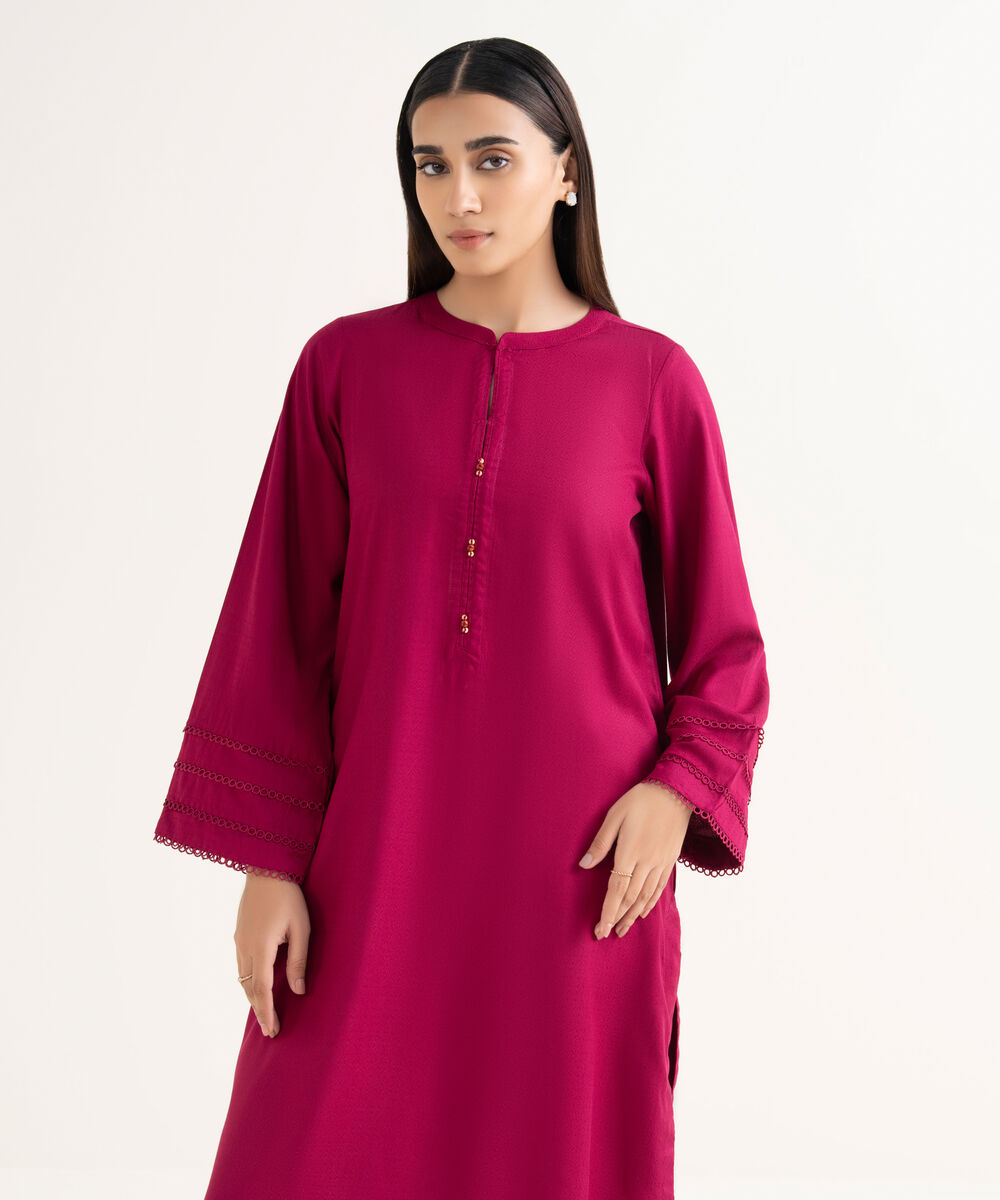Women's RTW Textured Arabic Pink Solid Straight Shirt