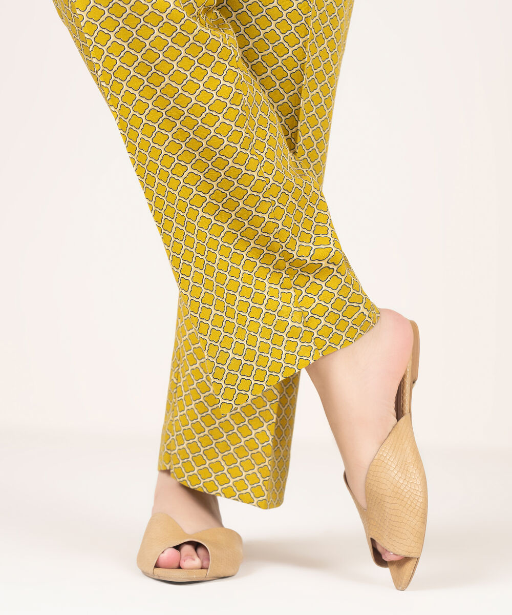 Women's RTW Arabic Khaddar Printed Olive Yellow Straight Pants