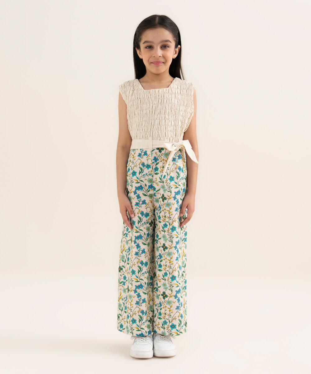 Girl's Khaddar Printed White Jumpsuit