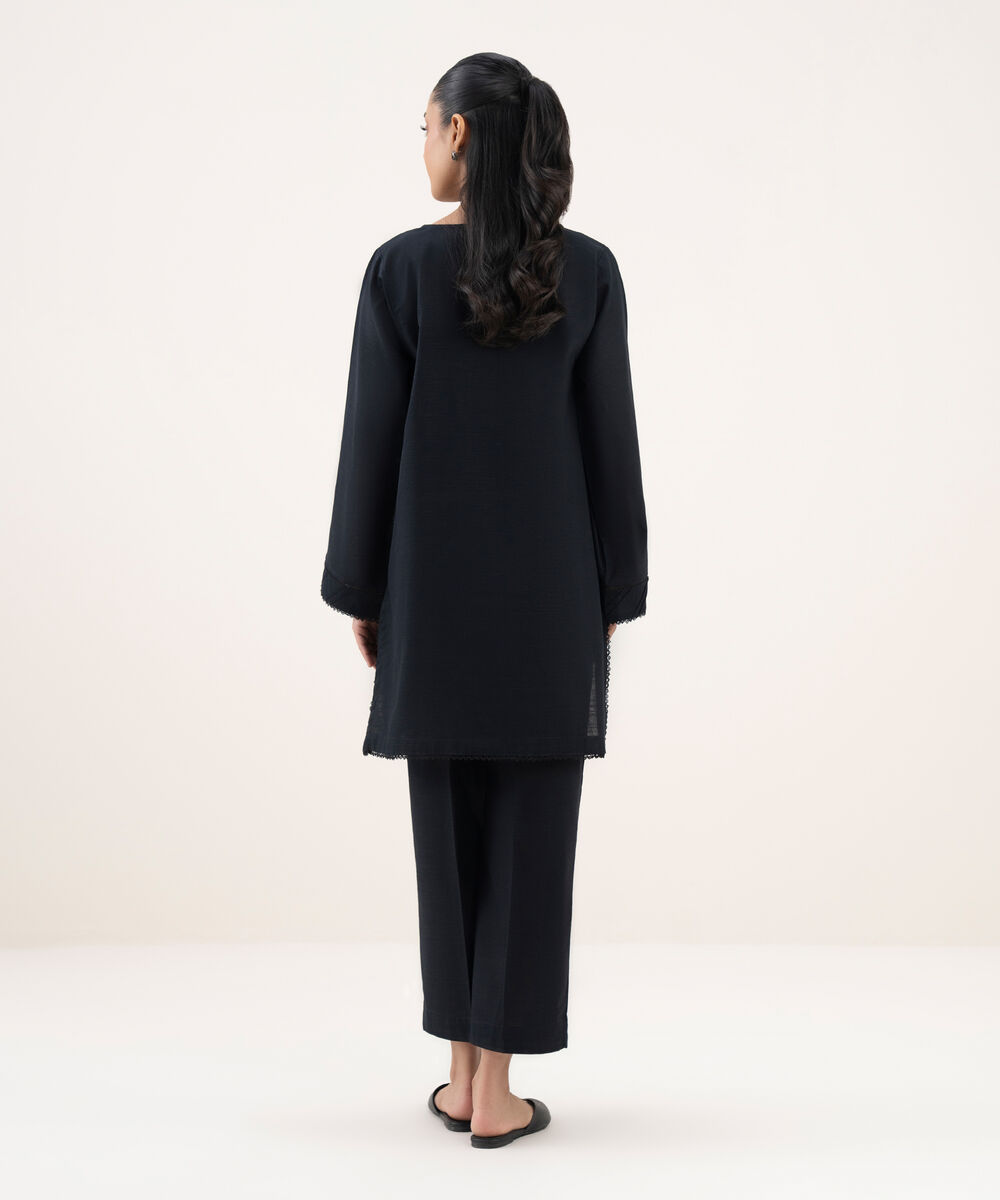 Women's RTW Khaddar Solid Straight Black Shirt