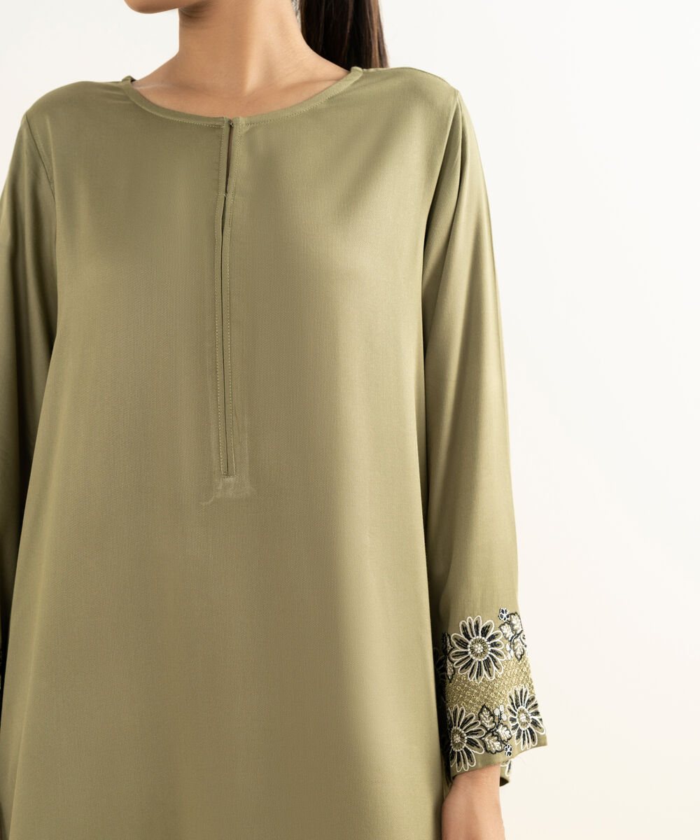 Women's RTW Bedford  Embroidered Olive Green Straight Shirt