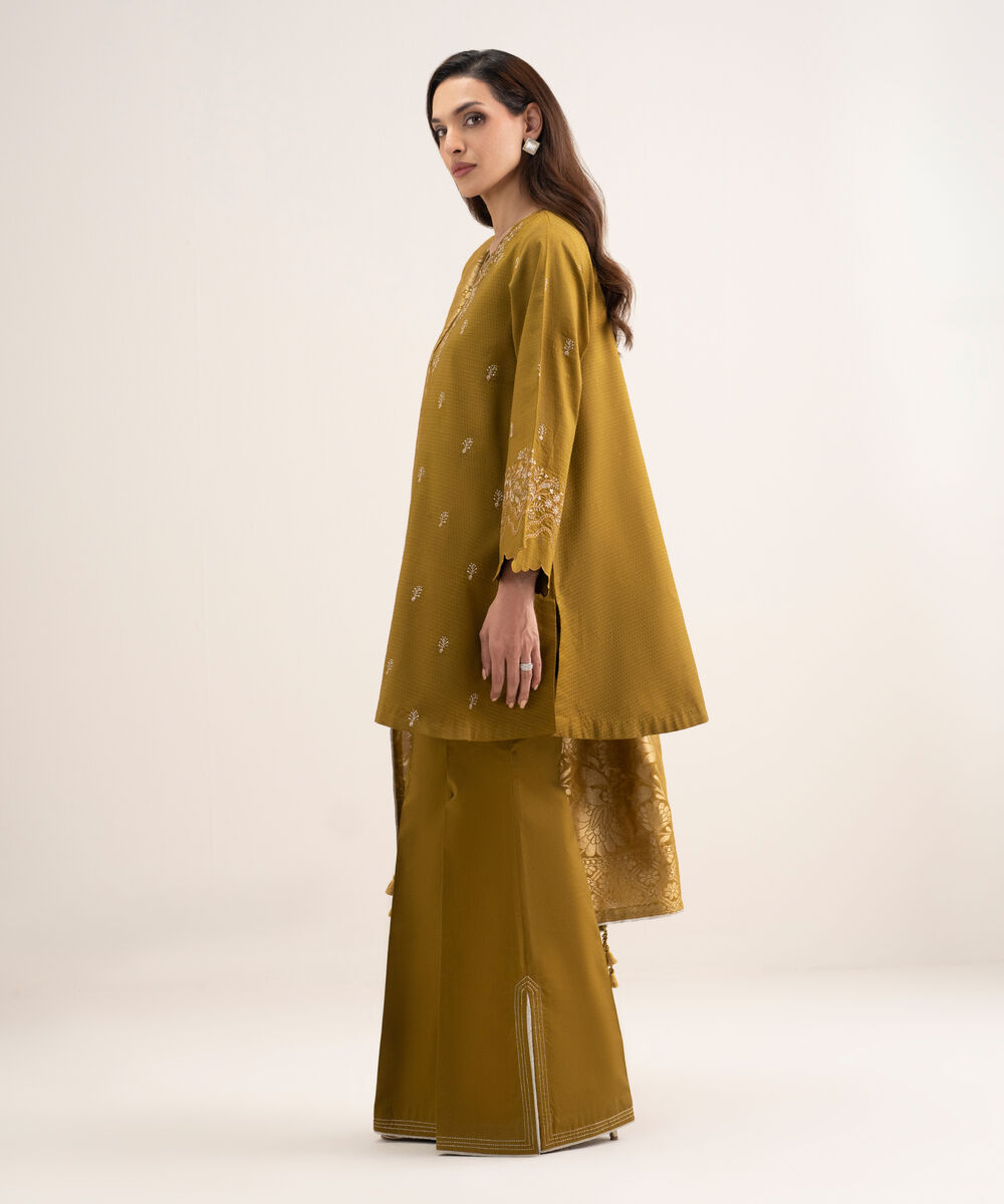 Women's Unstitched Dobby Embroidered Brown 3 Piece Suit