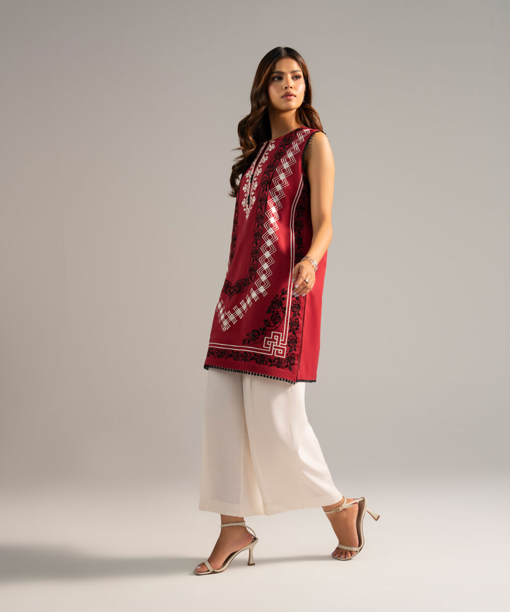Women's RTW Poplin Embroidered Red Straight Shirt