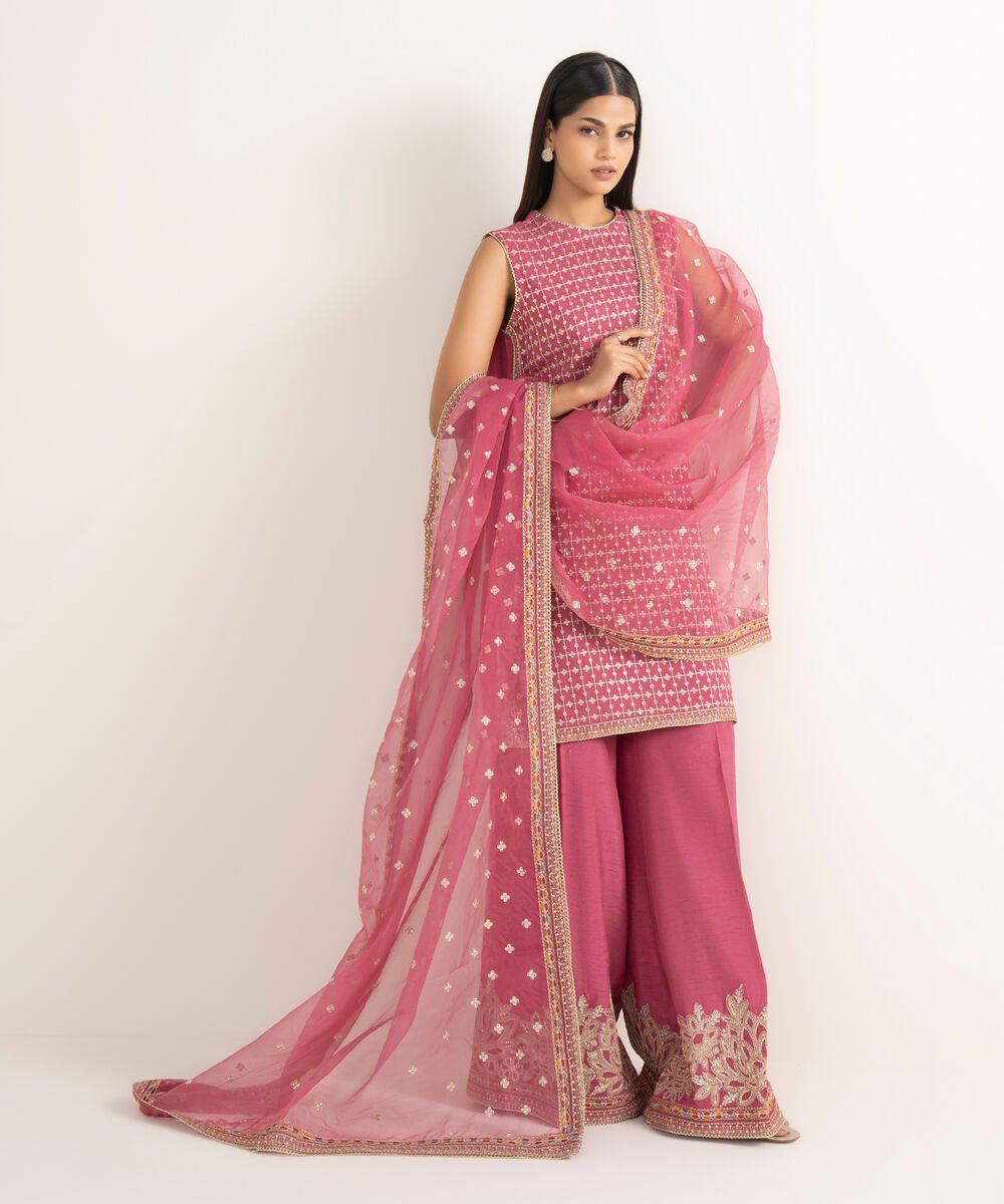 Women's RTW Raw Silk Pink Embroidered 3 Piece Suit