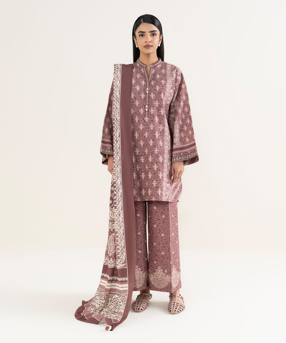 Women's Unstitched Printed Cotton Tea Pink & Off White 3 Piece Suit