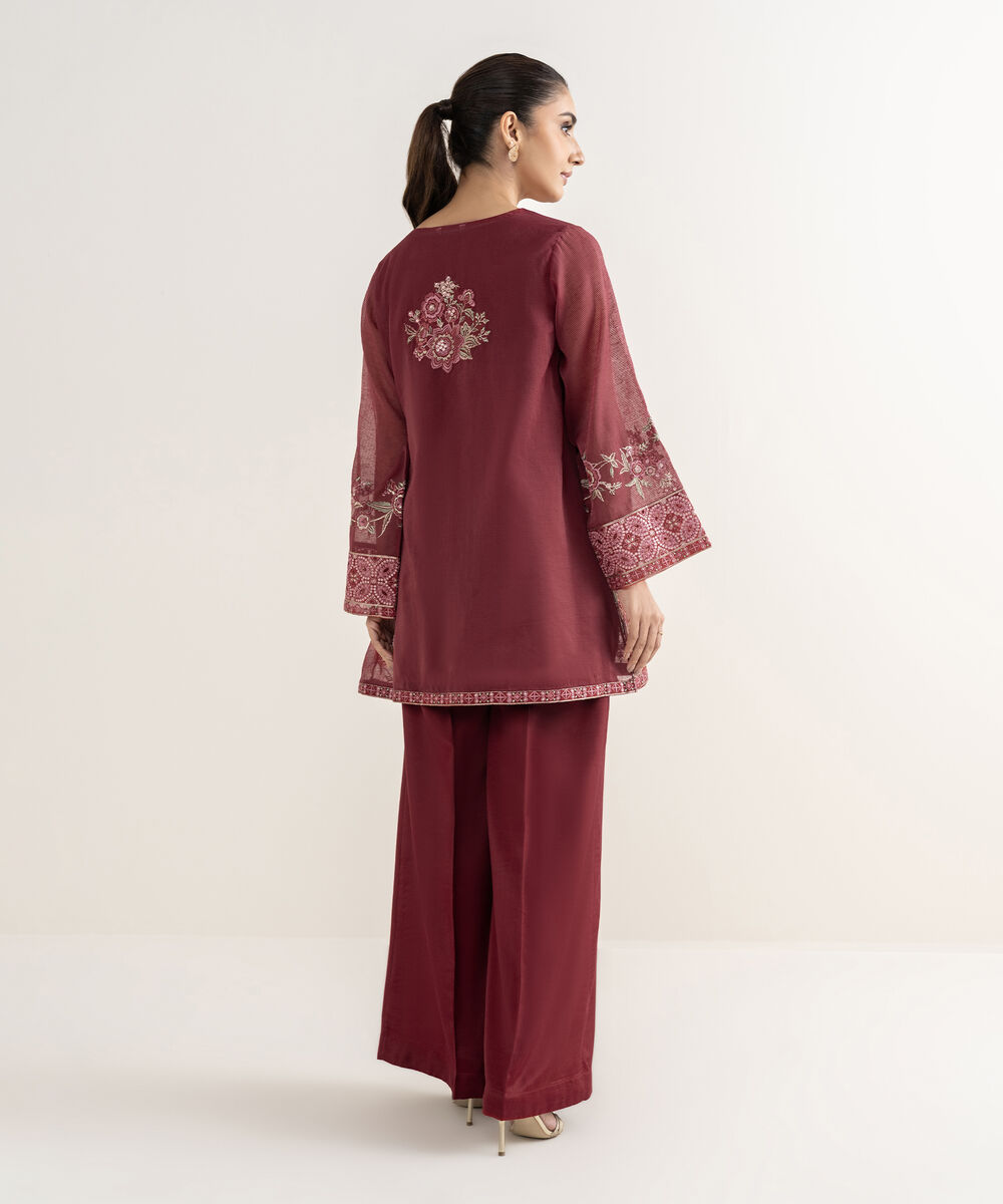 Women's RTW Blended Textured Karandi Embroidered Red 2 Piece Suit