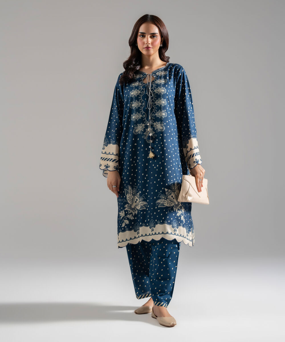 Women's RTW Arabic Lawn Printed Blue Straight Shirt