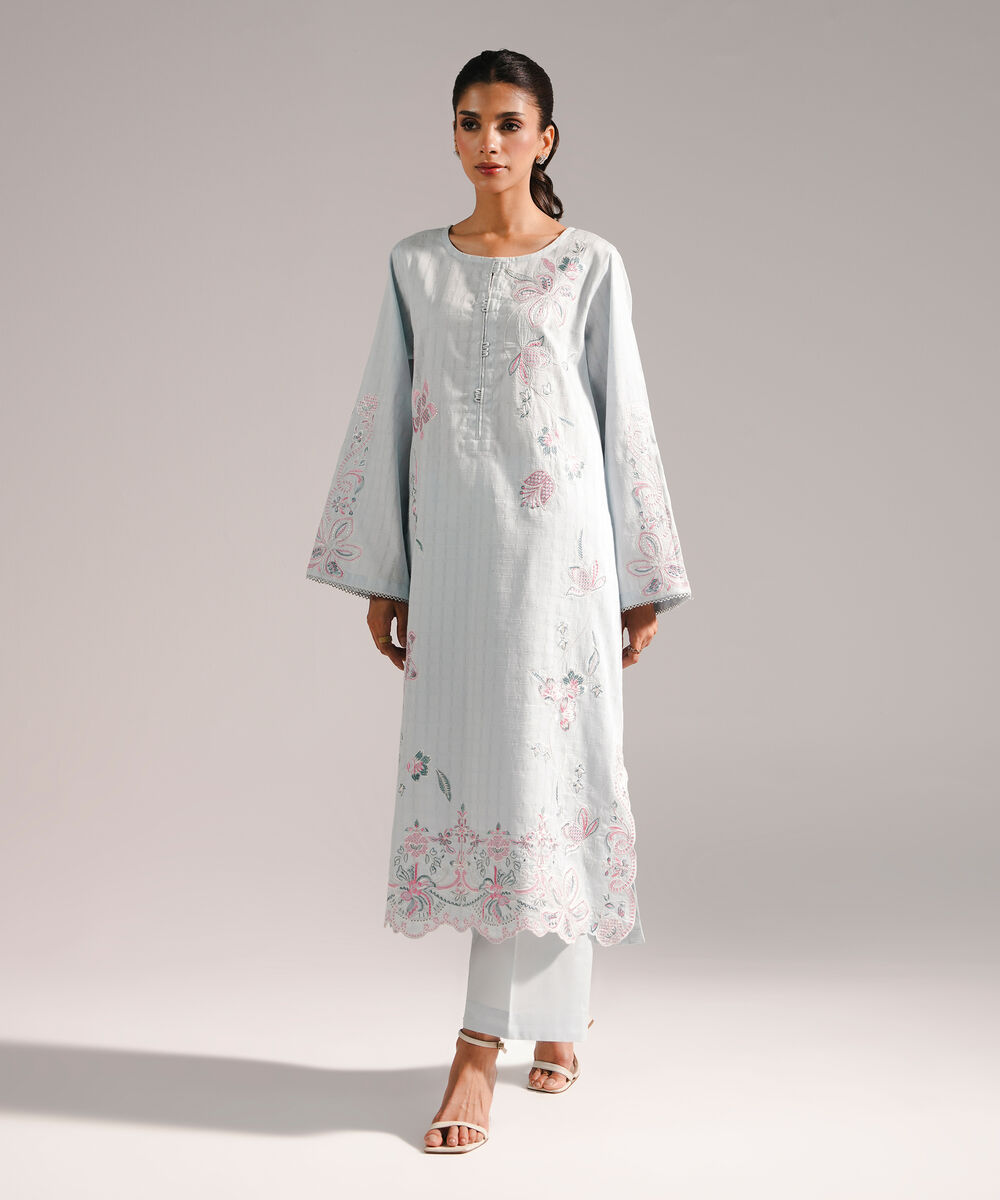 Women's RTW Dobby Embroidered Straight Light Blue Shirt