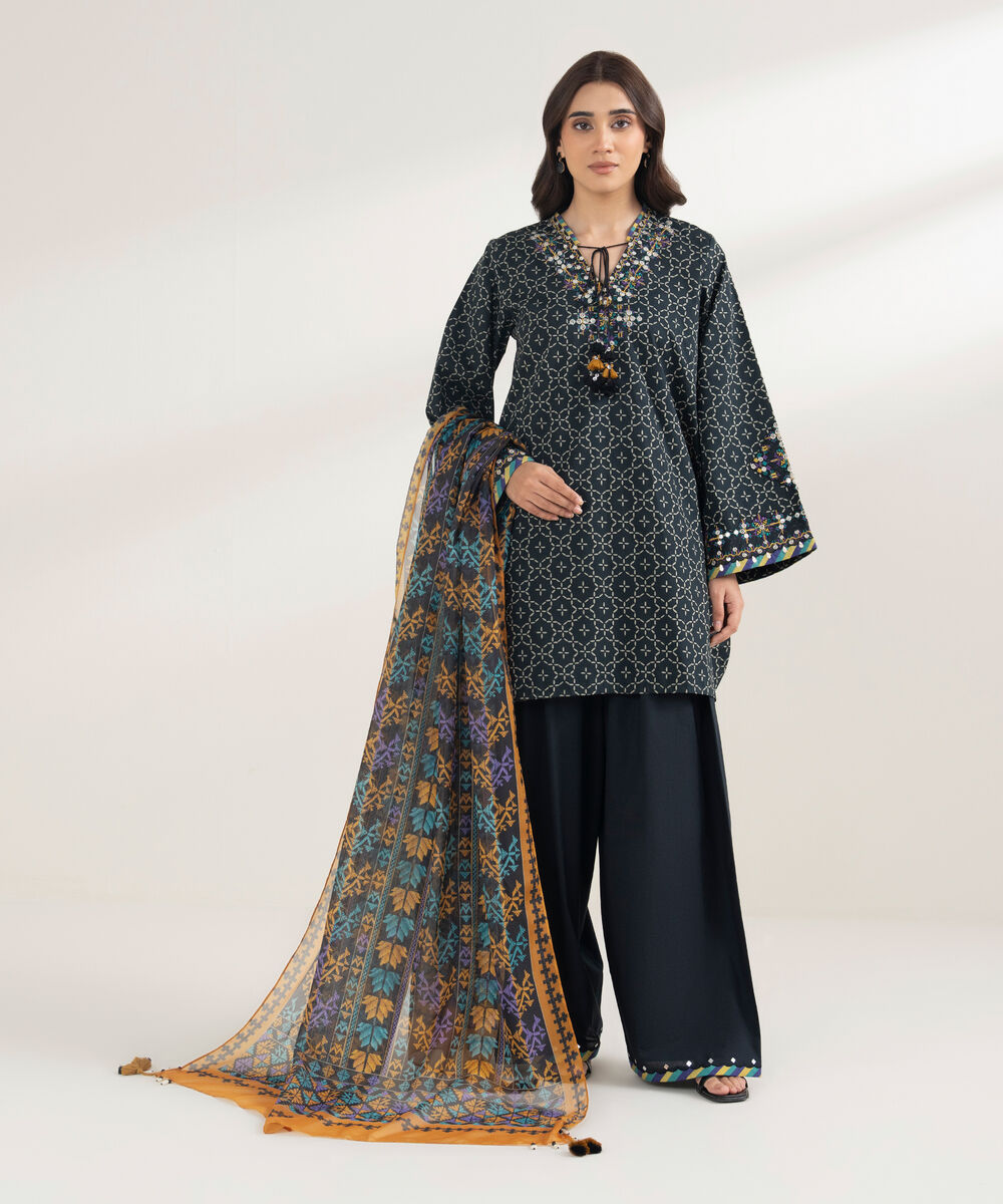 Women's Unstitched Cotton Embroidered Black 3 Piece Suit