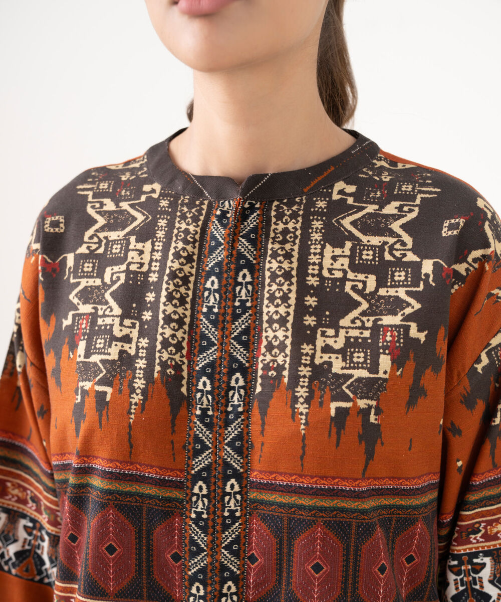 Women's RTW Light Khaddar Embroidered Rust Drop Shoulder Shirt