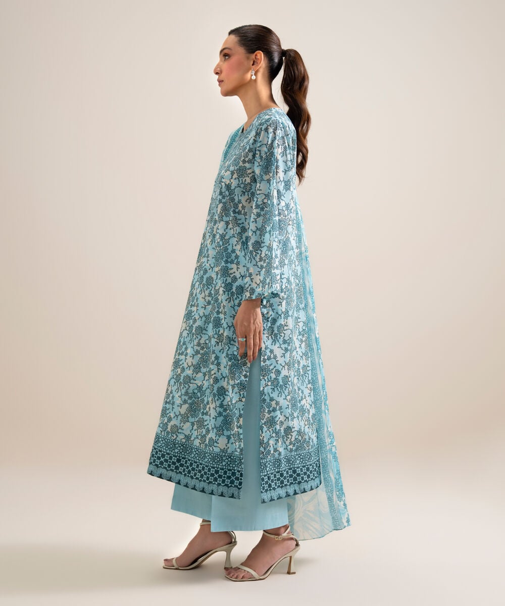 Women's Unstitched Lawn Embroidered Aqua 3 Piece Suit