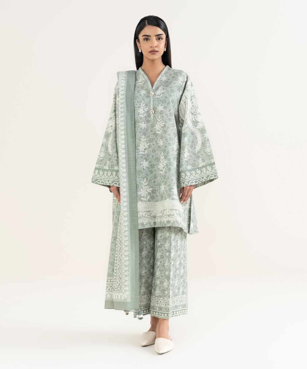 Women's Unstitched Printed Khaddar Grey 3 Piece Suit