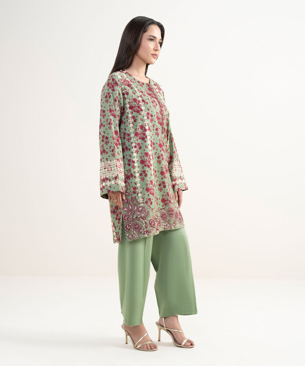 Women's RTW Cotton Viscose Embroidered Green Straight Shirt