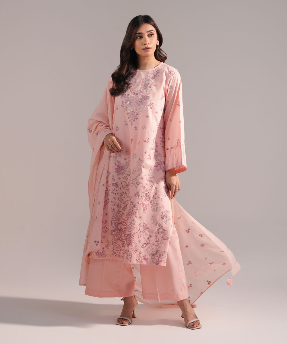 Women's RTW Cambric Embroidered Pink 3 Piece Suit