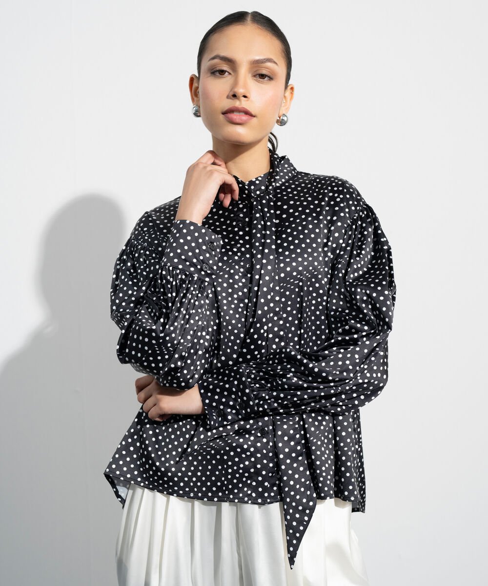 Women's Western Black And White Polka Dot Satin Blouse