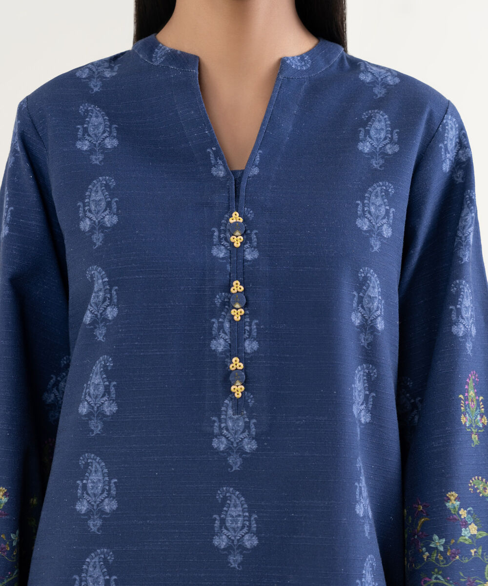 Women's Unstitched Printed Light Khaddar Blue 3 Piece Suit